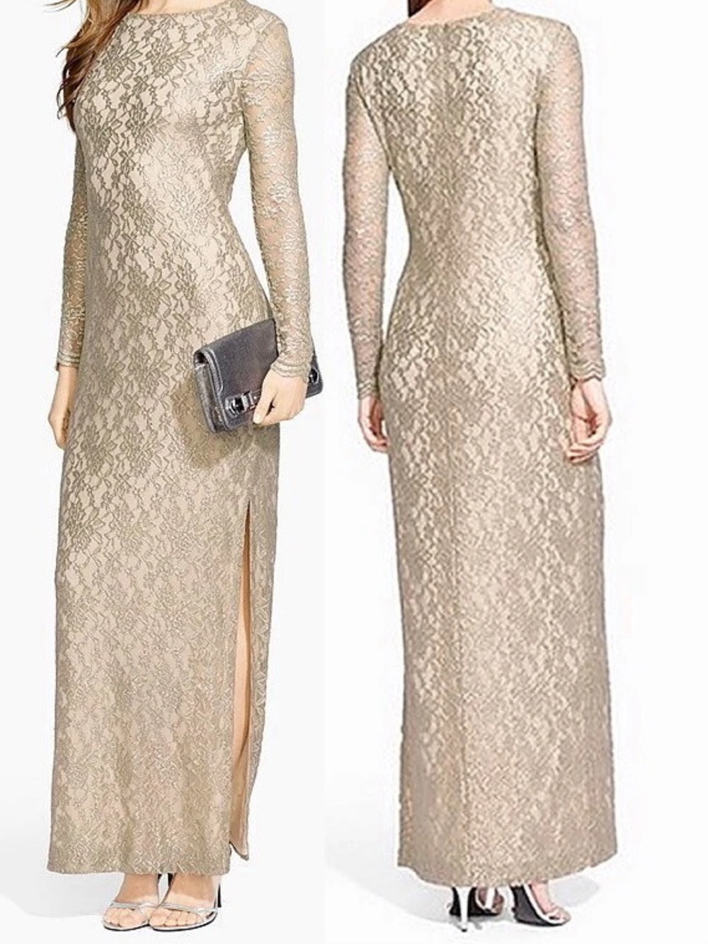 Ralph Lauren Long-Sleeve Lace Evening Gown in Champagne Silver - Picture 5 of 7
